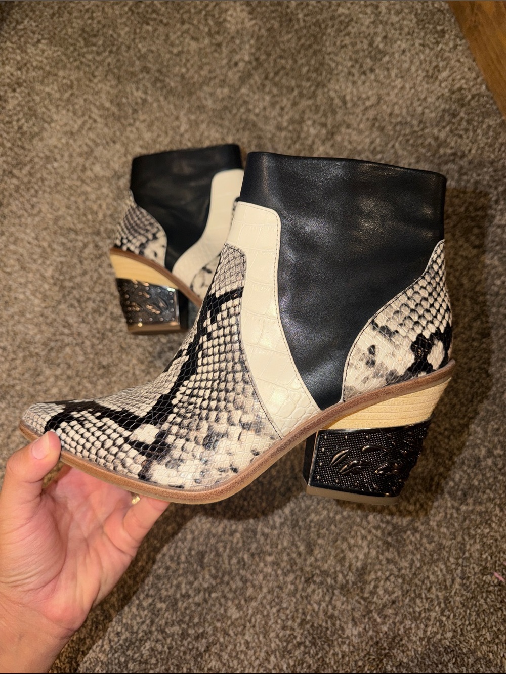 Gianni Bini Black and Cream Snake-Print Block Heel Ankle Boots